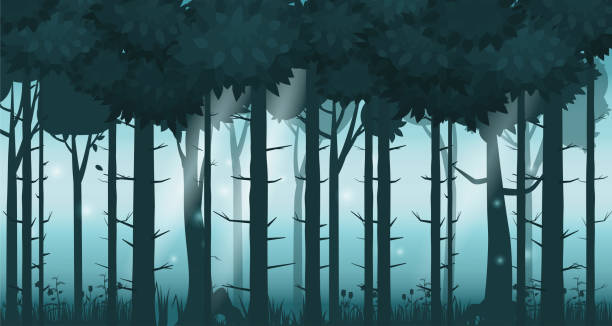 istock Cartoon illustration of background forest. Bright forest woods, silhouttes, trees with bushes, ferns and flowers. For design game, apps, websites. Vector, cadroon style, isolated 1026598236