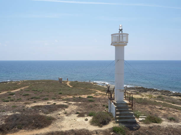 The lighthouse of Isola delle Correnti, Portopalo, Sicily - Italy View of the lighthouse of Isola delle Corrente in a sunny day portopalo stock pictures, royalty-free photos & images