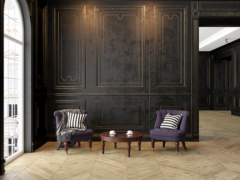 Armchairs and coffee table in classic black-gold interior. 3D render illustration mock up.