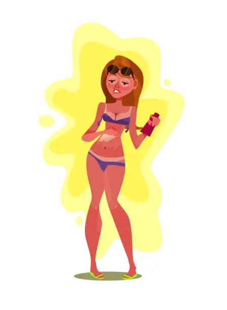 Vector illustration of Unhappy woman character burning at sun and smudge with cream. Summer time vector cartoon illustration