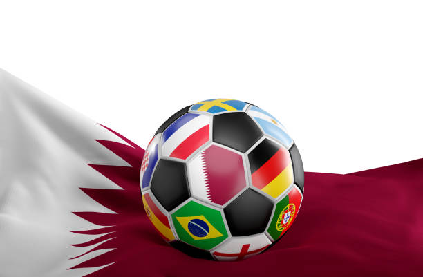 flagge von katar mit fußball ball flaggen design-3d-darstellung - argentina qatar stock-fotos und bilder