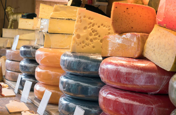 variation och olika typer av ost på stall marknaden affärsdisken. hel del stack ost i butik med tom etikett. - cheese counter supermarket bildbanksfoton och bilder