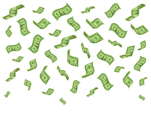 Vector illustration of Falling banknotes. Wealth money denominations rain, falling dollar bills and raining dollars vector cartoon concept illustration