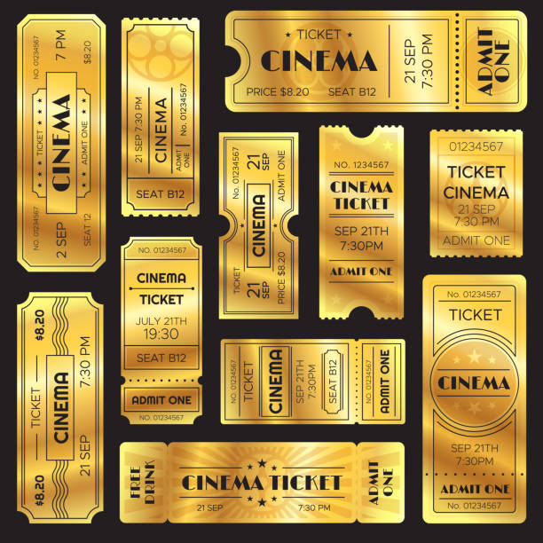 ilustraciones, imágenes clip art, dibujos animados e iconos de stock de realista ver golden ticket. antiguo premium cine entradas. oro admisión a sala de cine o diversión muestra conjunto de vectores - pase