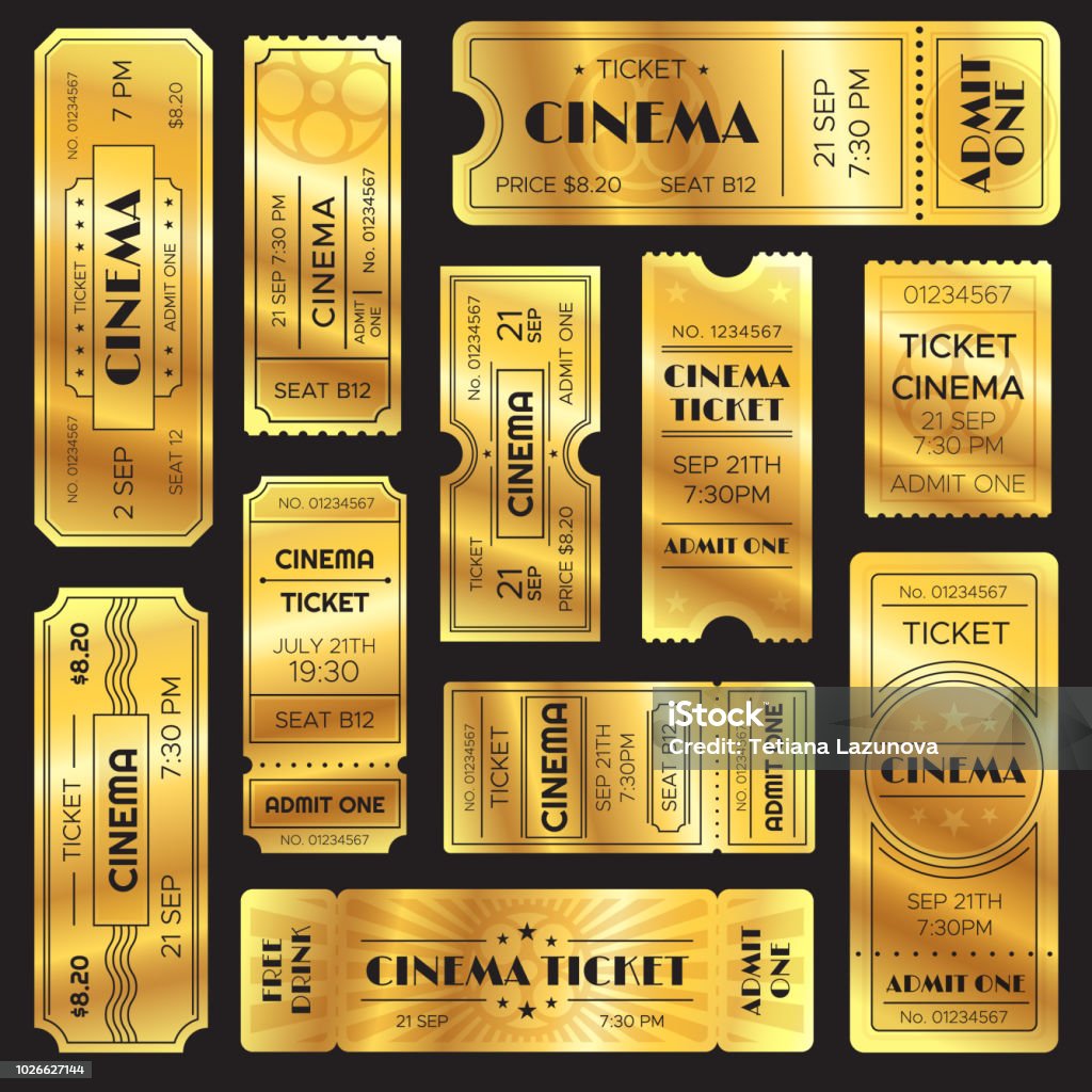 Dourado realista mostrar o bilhete. Bilhetes de entrada de cinema premium velho. Admissão de ouro para o cinema ou diversões mostra set vector - Vetor de Tíquete royalty-free