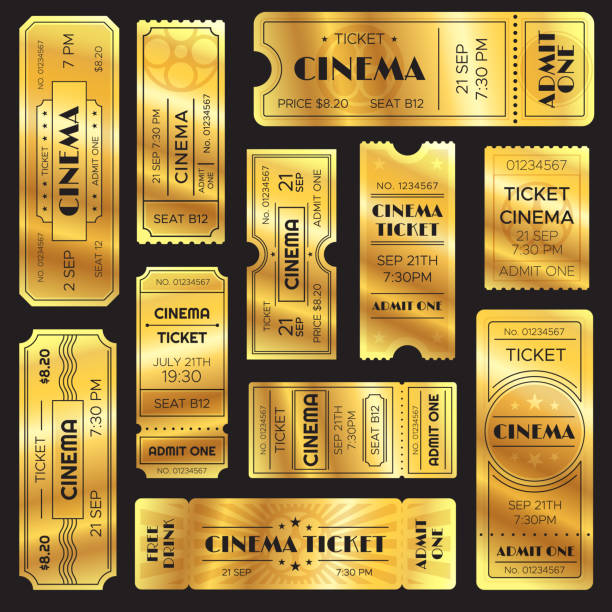 Realistic golden show ticket. Old premium cinema entrance tickets. Gold admission to movie theater or amusement shows vector set Realistic golden show ticket. Old premium cinema entrance tickets. Gold admission open sign to movie theater or entertainment amusement admitted film shows, retro vector isolated icons set ticket stock illustrations