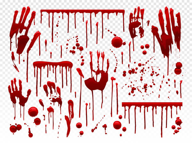 kroplówka krwi. czerwona farba splash, halloween krwawe plamy rozpryski i krwawiące ślady dłoni. kapanie bloods horror tekstury zestaw wektorów - blood stock illustrations