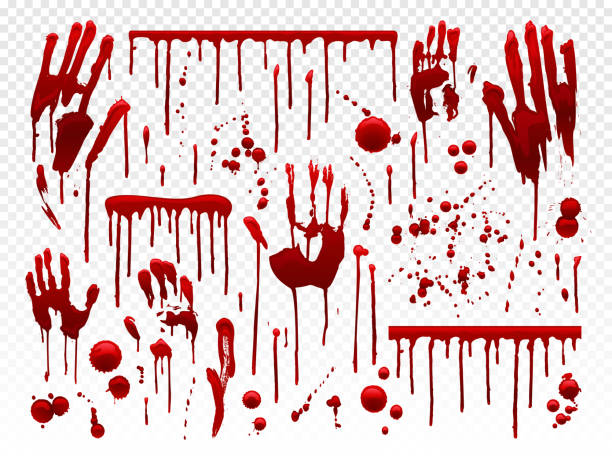 Blood drip. Red paint splash, halloween bloody splatter spots and bleeding hand traces. Dripping bloods horror texture vector set Blood drip. Red paint splash, halloween bloody splatter spots and bleeding hand traces. Dripping bloods mess horror murder crime texture, blood paint holiday decoration vector isolated icon set blood stock illustrations