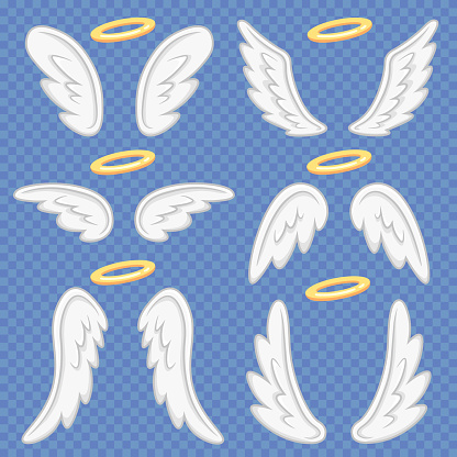Cartoon angel wings. Holy angelic nimbus and heavenly angels wing flight feather and halo sign. Flying winged angeles, saint fly fantasy vector illustration isolated icons set