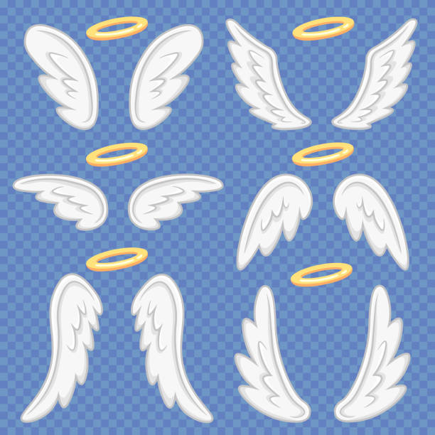 Cartoon angel wings. Holy angelic nimbus and angels wing. Flying winged angeles vector illustration set Cartoon angel wings. Holy angelic nimbus and heavenly angels wing flight feather and halo sign. Flying winged angeles, saint fly fantasy vector illustration isolated icons set aircraft wing stock illustrations