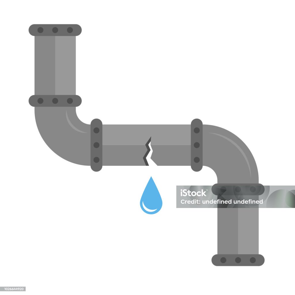 Broken metal pipe with leaking water. Broken metal pipe with leaking water, flat style vector illustration. Part of the pipeline. Leaking stock vector