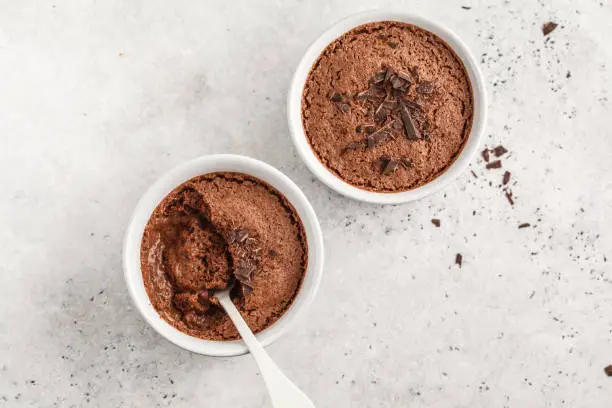 Chocolate mousse (souffle) from aquafaba. Vegan chickpea dessert. Clean eating concept.
