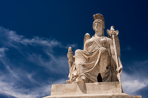 The pediment of the entrance to the Academy of Athens. It consists of a multiple-figured composition representing the birth of goddess Athena. It is a work of the sculptor Leonidas Drosis (1843-1884).