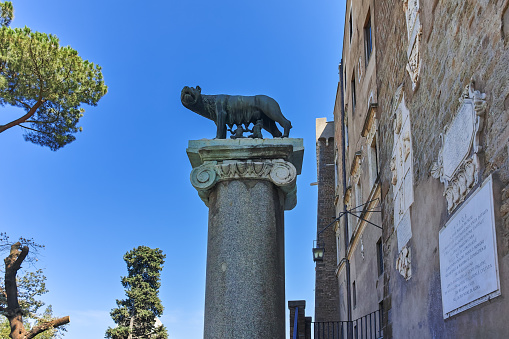 Rome, Italy - June 23, 2017: Statue of Wolf with Romulus and Remus on Capitoline hill in city of Rome, Italy