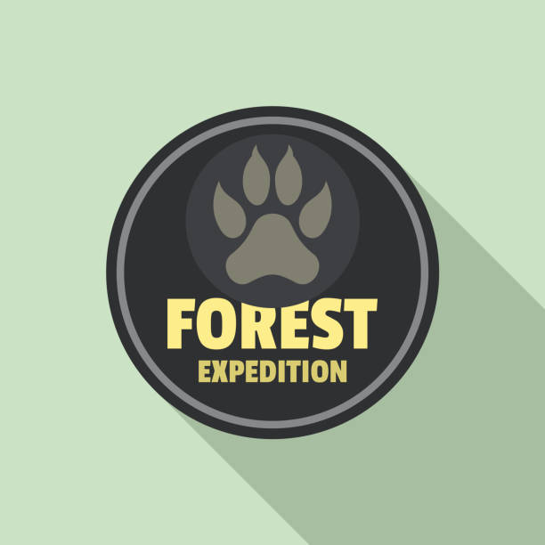 wald-expedition-logo, flachen stil - forest woods hiking dirt road stock-grafiken, -clipart, -cartoons und -symbole