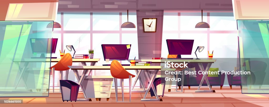 Office workspace interior vector illustration Office workspace vector illustration or coworking business open workplace interior. Cartoon modern furniture with computer tables, chairs and stationery, empty loft meeting room with glass windows Office stock vector