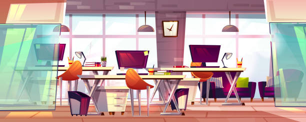 Office workspace interior vector illustration Office workspace vector illustration or coworking business open workplace interior. Cartoon modern furniture with computer tables, chairs and stationery, empty loft meeting room with glass windows travel agencies stock illustrations