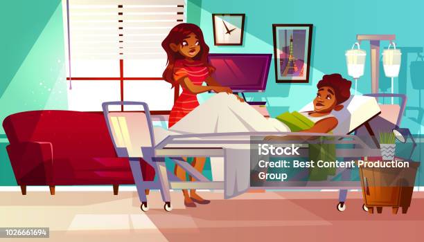 Hospital Ward Patient Visitor Vector Illustration Stock Illustration - Download Image Now - African Ethnicity, African-American Ethnicity, Bed - Furniture