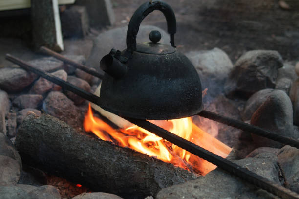 istock Tourist boiling kettle on bonfire. Fire in stone hearth in the forest camp 1026662028