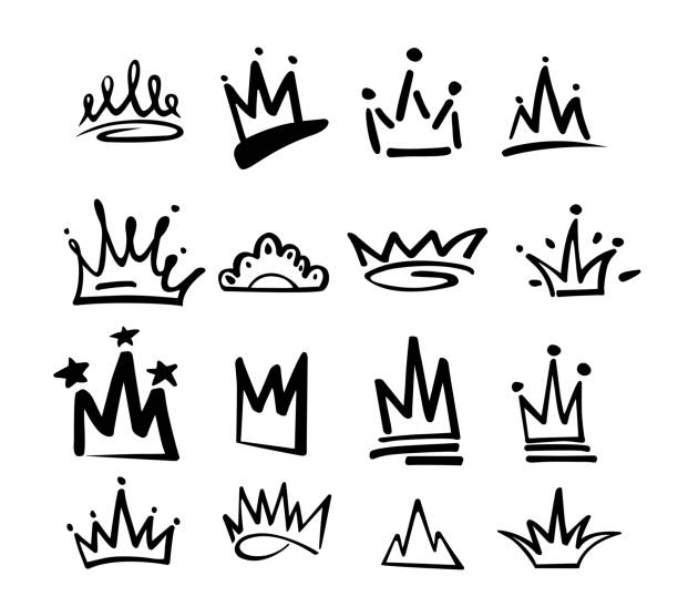 illustrazioni stock, clip art, cartoni animati e icone di tendenza di icona graffiti logo corona. elementi neri isolati su sfondo bianco. illustrazione vettoriale. regina principessa reale. stile line.hipster pennello nero. set di corone disegnate a mano doodle - crown