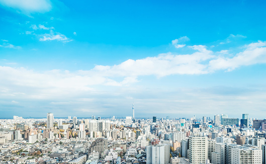 Asia Business concept for real estate and corporate construction - panoramic modern city skyline bird eye aerial view under blue sky in bunkyo district, Tokyo, Japan