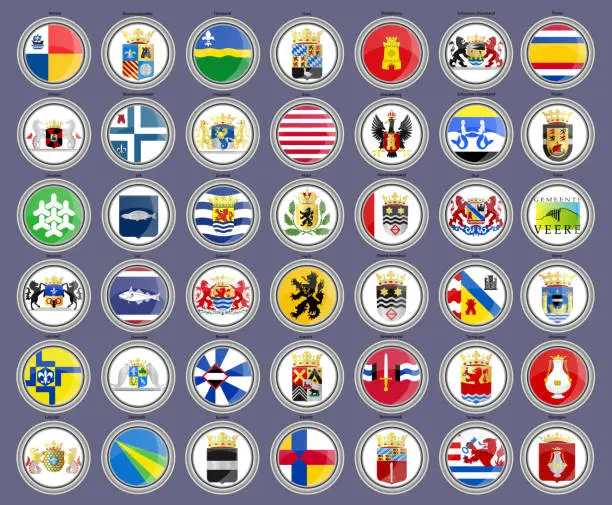 Vector illustration of Set of icons. Flags of the Netherlands. Municipalities of Flevoland and Zeeland provinces.