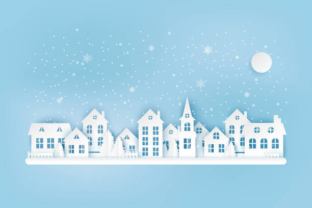 Winter urban countryside landscape, village with cute paper houses, pine trees and snow. Merry Christmas and New Year paper art background Winter urban countryside landscape, village with cute paper houses, pine trees and snow. Merry Christmas and New Year paper art background paper silhouettes stock illustrations
