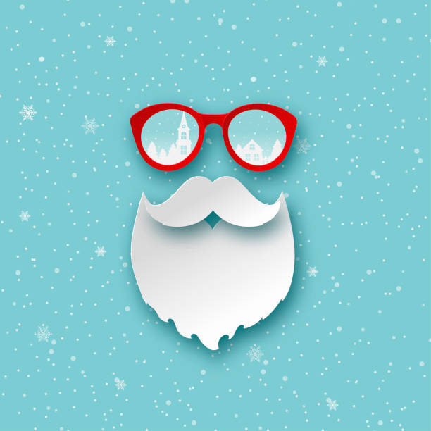 ilustrações de stock, clip art, desenhos animados e ícones de merry christmas greeting card with paper hipster santa claus with  sunglasses and snowflakes. modern paper cut style background.  vector illustration - snow glasses