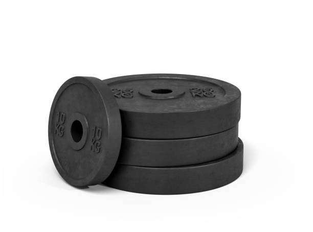 3d rendering of a stack made of several heavy black barbell weights on a white background. Weight lifting. Bodybuilding tools. Choose your weight.