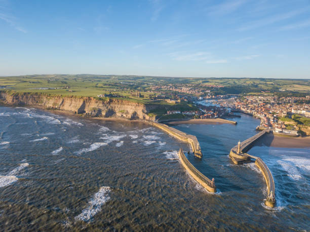 Whitby Harbour facing the Abbey and Town stock photo