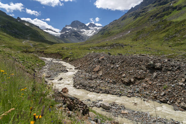 istock River Ill, Glacier Ochsentaler Gletscher, Mt. Piz Buin, Valley 1026683050