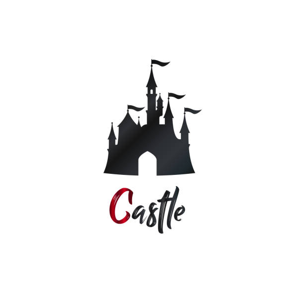 Cartoon castle Cartoon castle logo, banner. Amazing amusement park. Vector illustration. Brush hand lettering. fairytale stock illustrations