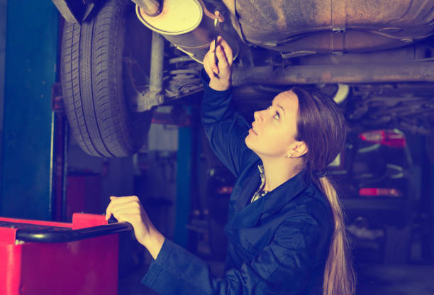 istock Female master is repairing car on her workplace 1026689724