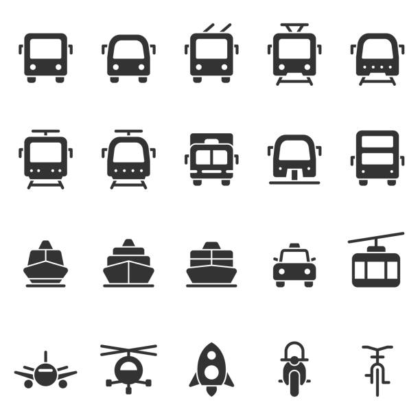 ilustraciones, imágenes clip art, dibujos animados e iconos de stock de conjunto de iconos de estilo de forma de transporte público vector - trolebús