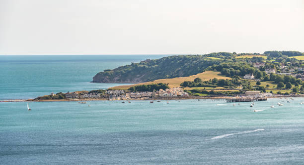 view over swanage from the purbeck hills - swanage imagens e fotografias de stock