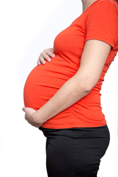 istock Pregnant woman caressing her belly over white background. 1026705146