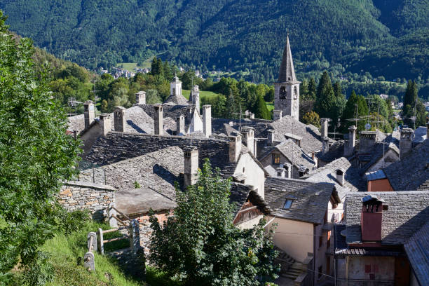 Aerial view of the old town of Craveggia with roofs made of slate rock. Province of Verbano-Cusio-Ossola. Piedmont. Italy.
