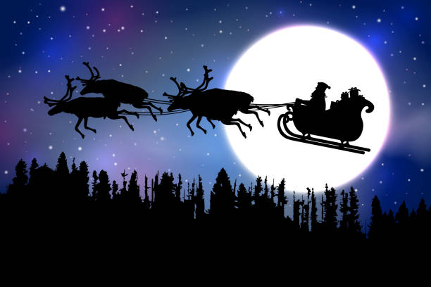 istock Father Christmas riding his sleigh with reindeer over a forest in front of a full moon on blue starry sky background. 1026709406