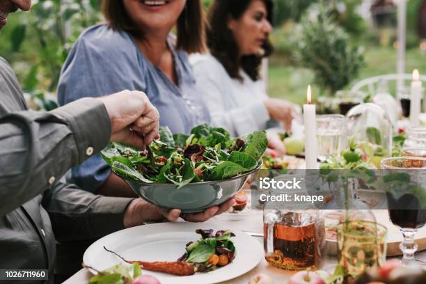 Friends Enjoying A Dinner Together In Greenhouse Harvest Party Stock Photo - Download Image Now