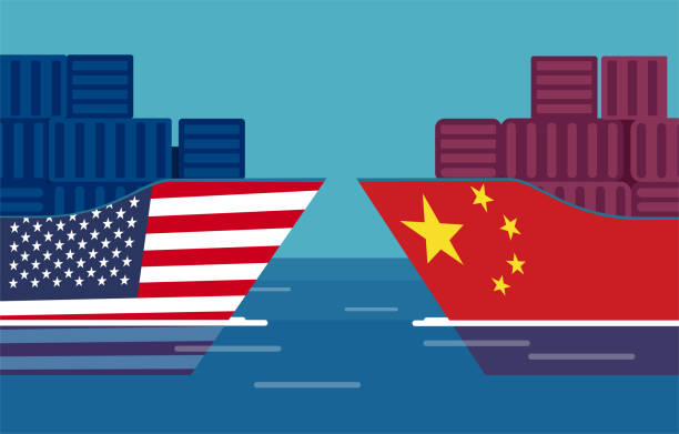 ilustrações de stock, clip art, desenhos animados e ícones de china and united states trade war concept. vector of two cargo ships. - domestic issues