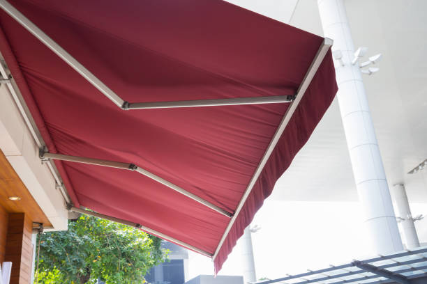 istock red awning with steel structure at the front door. 1026718072