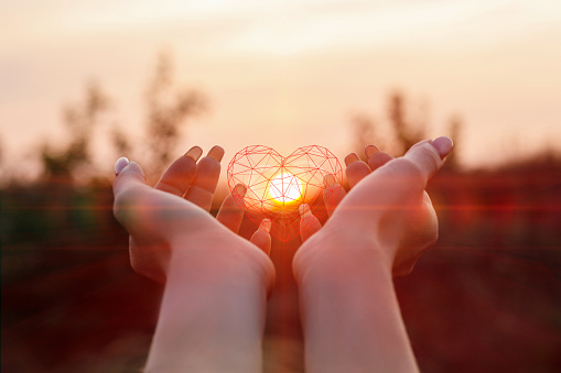 Female hands support the heart on the background of the sun.