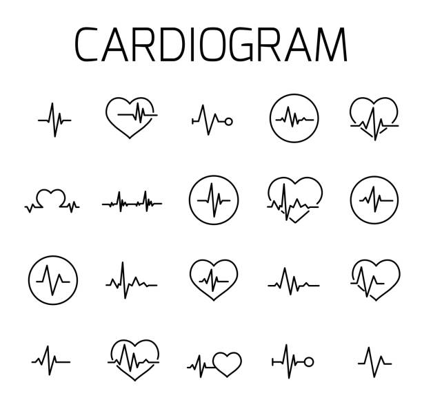 ilustraciones, imágenes clip art, dibujos animados e iconos de stock de cardiograma relacionados con conjunto de iconos de vector. - human heart surveillance computer monitor pulse trace