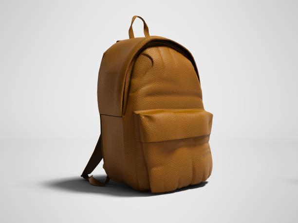 istock Modern brown leather backpack in school for children and teens right view 3D render on gray background with shadow 1026729290