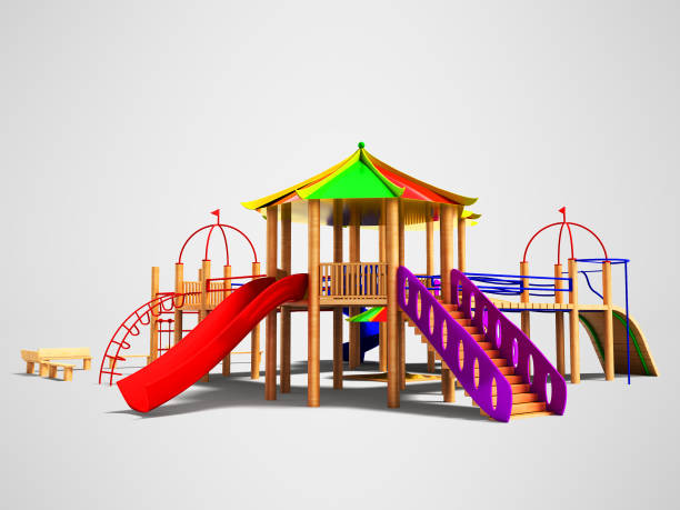istock Modern playground for children with tree with fast descents 3d render on gray background with shadow 1026729794