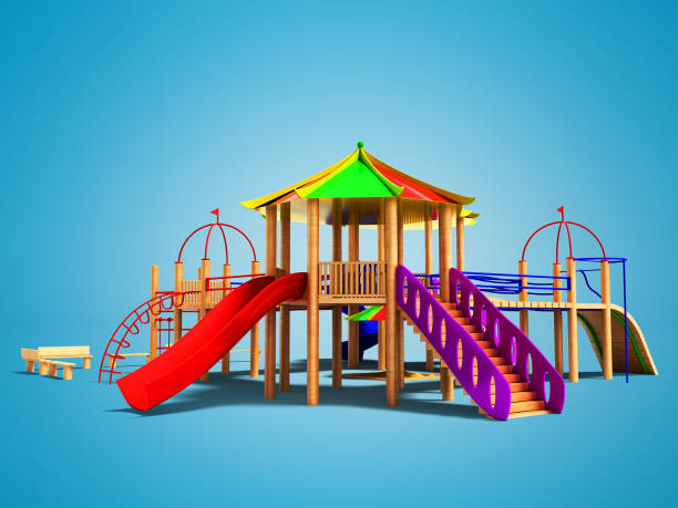istock Modern playground for children with tree with fast descents 3d render on blue background with shadow 1026729922