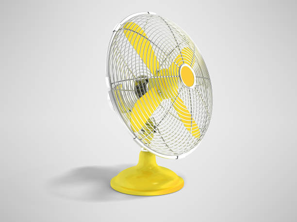 istock Modern yellow metal fan for cooling office front view 3d rendering on gray background with shadow 1026729940