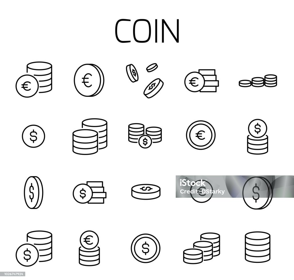 Coin related vector icon set. Coin related vector icon set. Well-crafted sign in thin line style with editable stroke. Vector symbols isolated on a white background. Simple pictograms. Coin stock vector