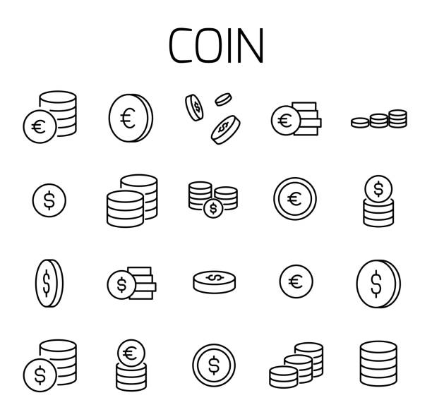Coin related vector icon set. Coin related vector icon set. Well-crafted sign in thin line style with editable stroke. Vector symbols isolated on a white background. Simple pictograms. finance symbols stock illustrations