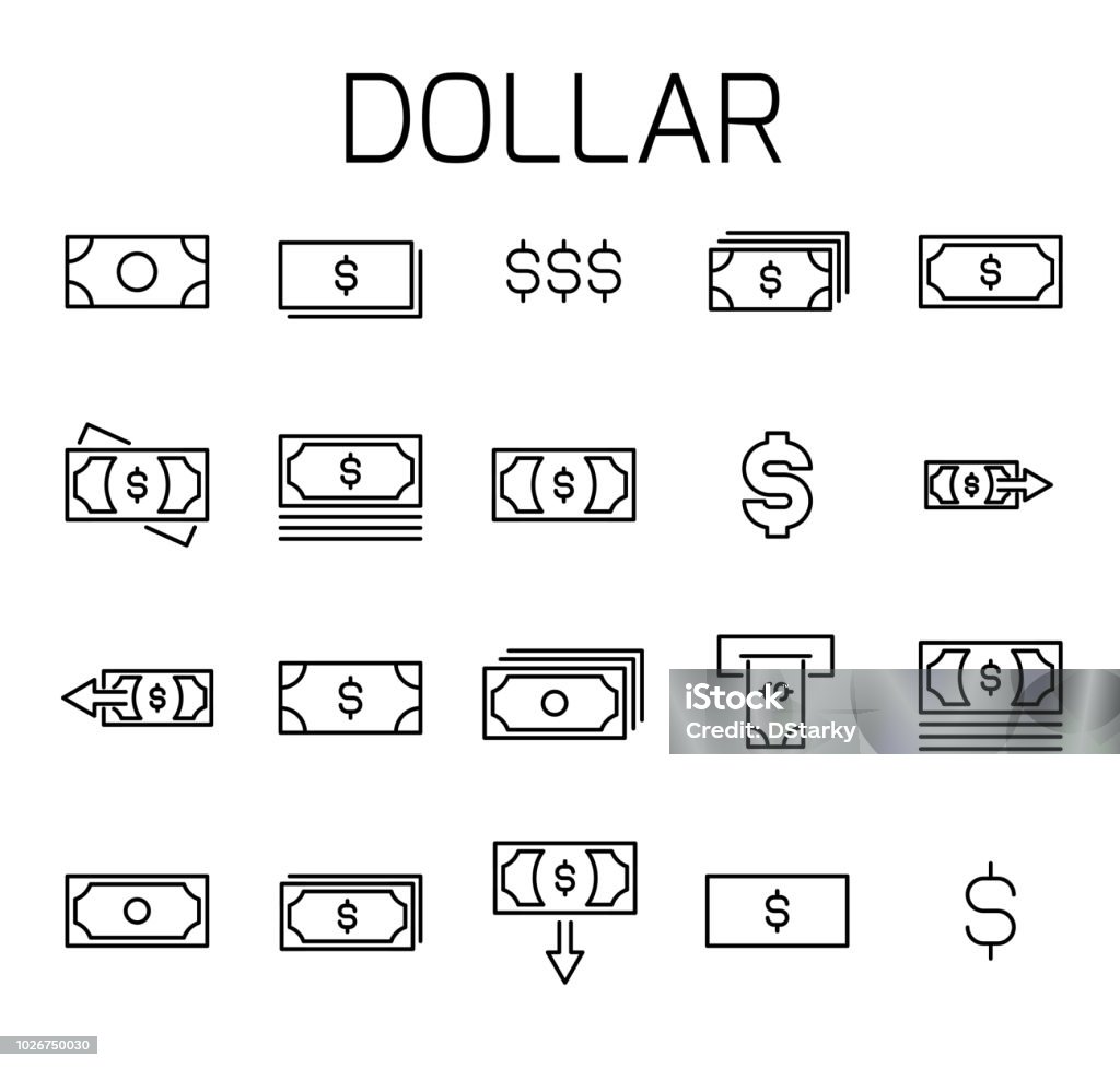 Dollarl related vector icon set. Dollarl related vector icon set. Well-crafted sign in thin line style with editable stroke. Vector symbols isolated on a white background. Simple pictograms. Advertisement stock vector